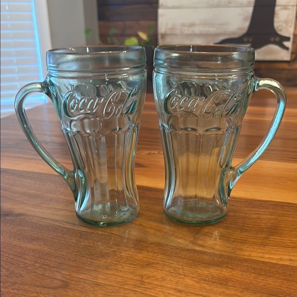 Coca Cola Coke Set of Heavy Green Glasses Handle 12 ounce Made in USA By Libby